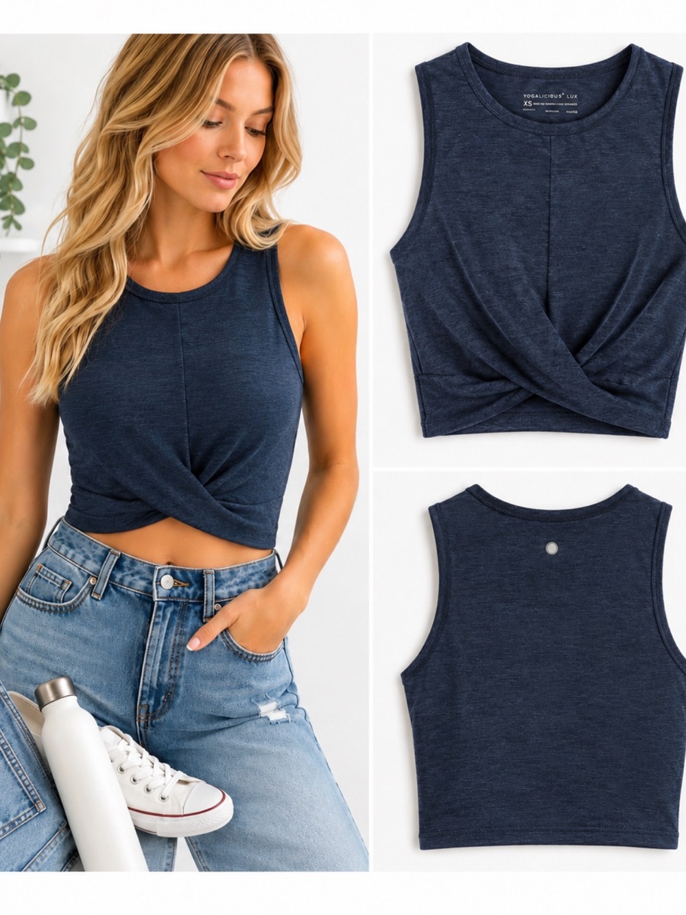 Yogalicious Lux Twist Front Crop Tank Top XS Navy Blue Athletic Yoga